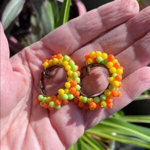 Vtg 60s/70s Bead Cluster Clip On Hoop Earrings Lime Green Yellow Orange MOD MCM